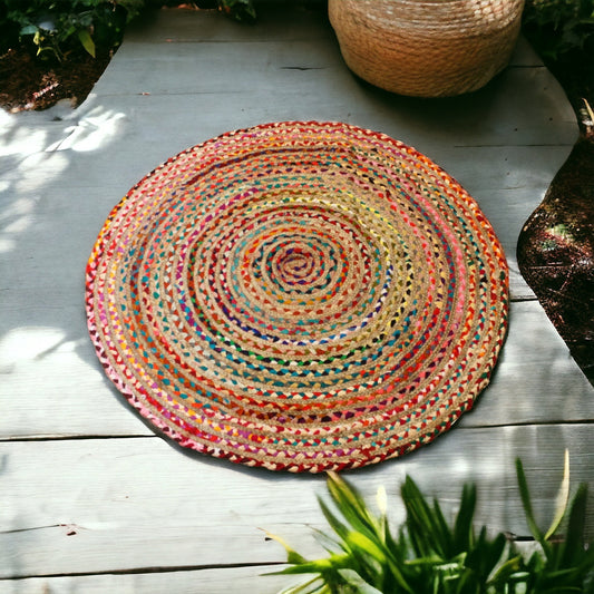 Round Jute and Recycled Cotton Rug - 120 cm