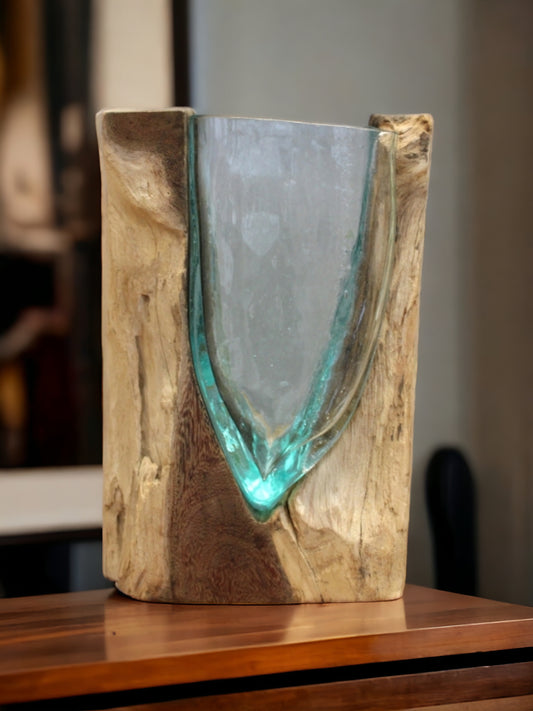 Molton Glass In Wood - V-shaped Art Vase
