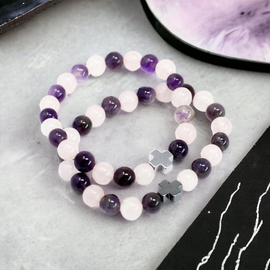 Set of 2 Gemstones Friendship Bracelets - Love - Amethyst & Rose Quartz